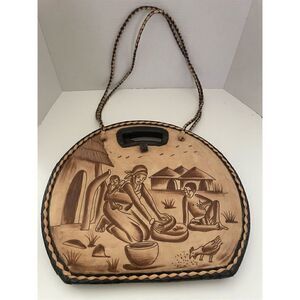African Leather Women's Brown Basket Weave Handmade Round Shoulder Bag L NWOT